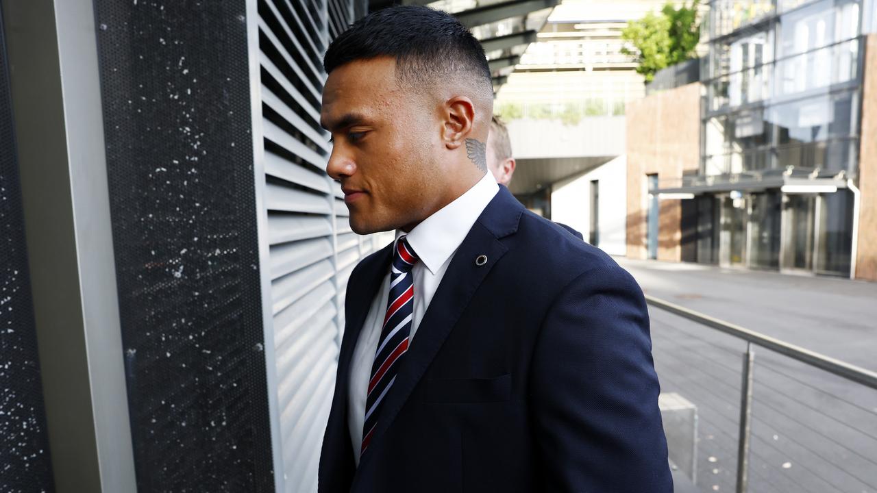 DAILY TELEGRAPH MARCH 11, 2024. Roosters player Spencer Leniu arriving at the NRL Judiciary hearing at Rugby League Central, Moore Park. Picture: Jonathan Ng