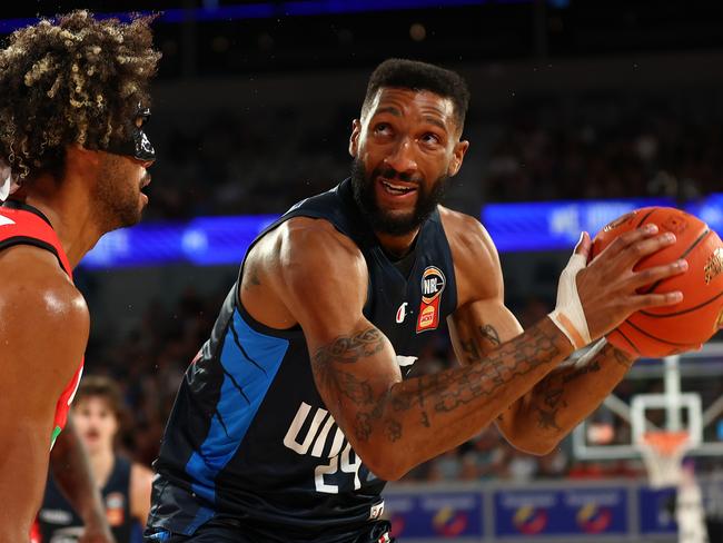 MELBOURNE, AUSTRALIA - FEBRUARY 27: Marcus Lee of United looks to shoot during game one of the NBL Semi Final Series between Melbourne United and Perth Wildcats at John Cain Arena on February 27, 2025 in Melbourne, Australia. (Photo by Graham Denholm/Getty Images)