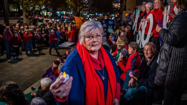 Jane Qualmann in front of the Voluntary Assisted Dying vigil crowd. She is suffering a terminal condition and was a former nun, on May 26th, 2021, at Parliament House in Adelaide. Picture: Tom Huntley