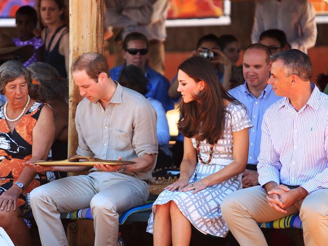 Prince William and Princess Kate inspect their gifts from traditional owners. Picture: Phil Williams