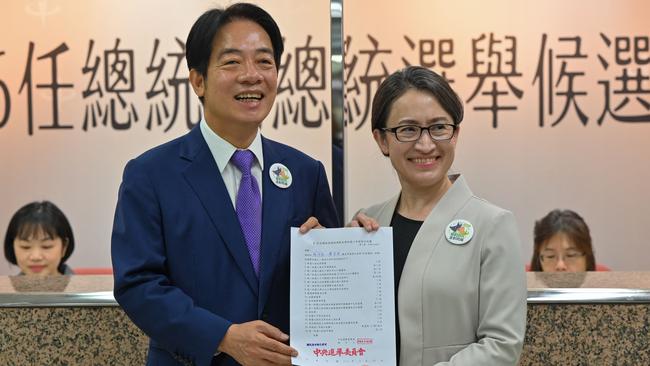 William Lai and running mate Hsiao Bi-khim register their ticket last week. Picture: AFP