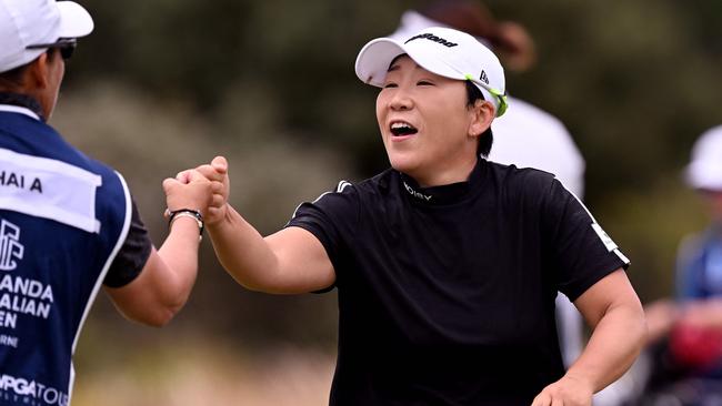 Jiyai Shin of South Korea celebrates after making an eagle on the fourth hole during the final round of the women’s Australian Open. Picture: William West / AFP