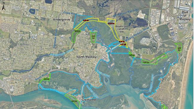 Arial plan of Stage 2 of the Mackay RIng ROad outlining the planned land clearing in yellow and the additional habitat areas in Green