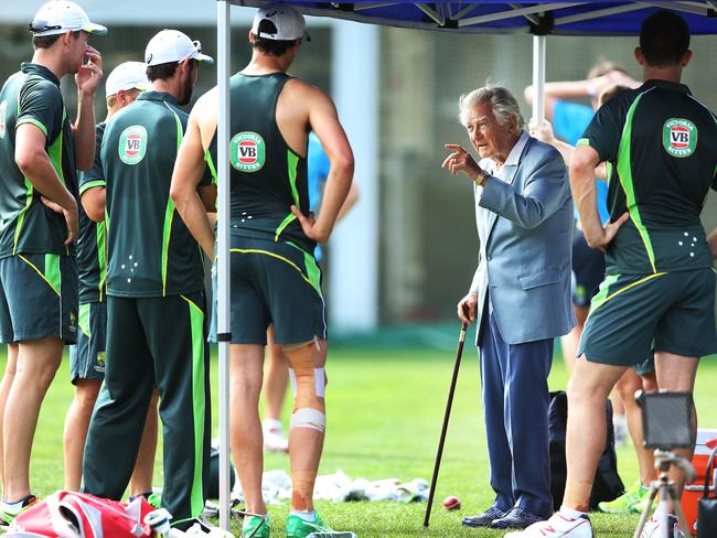 Former Australian Prime Minister Bob Hawke talks with the Australian players during training at the SCG ahead of their World Cup Semi Final against India. Picture: Phil Hillyard