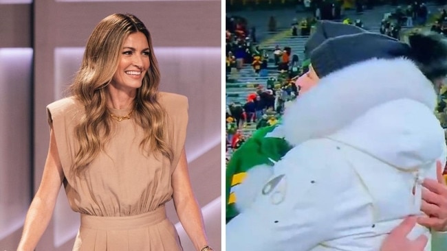 Erin Andrews and Aaron Rodgers shared a controversial hug. Photo: Getty Images/Twitter.