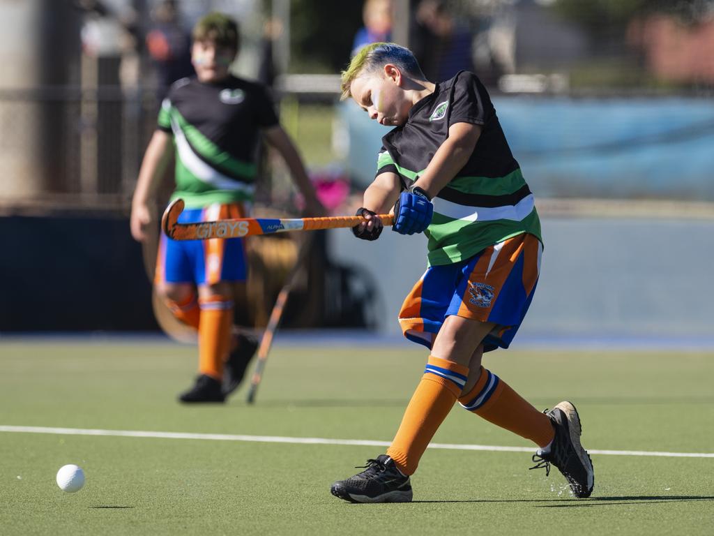 Ryan Christensen of Newtown Norths Tigers against Past High in under-11 boys Presidents Cup hockey at Clyde Park, Saturday, May 27, 2023. Picture: Kevin Farmer