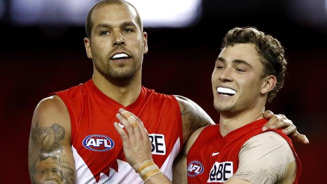 Lance Franklin celebrates a goal with Will Hayward. Picture: Getty Images