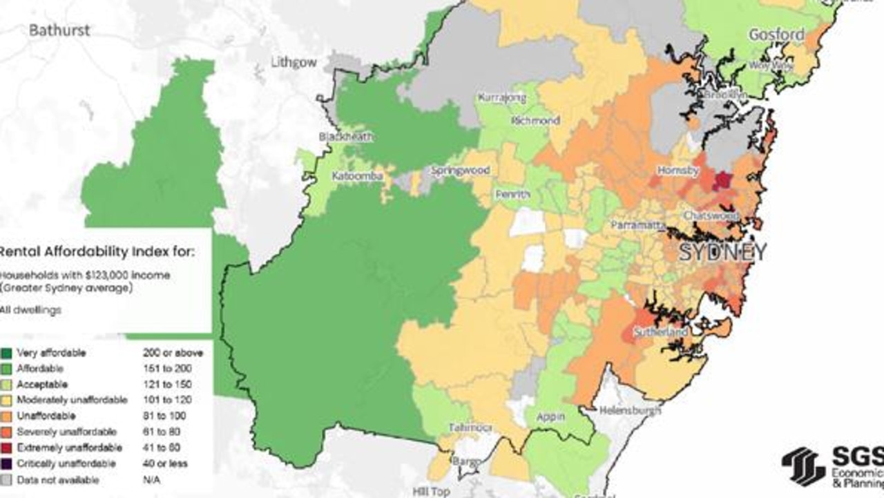 General rental affordability levels using median income in Sydney. Source: SGS Economics &amp; Planning