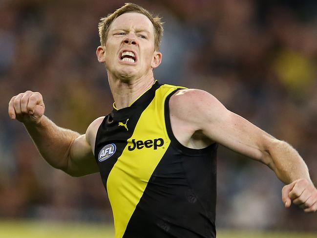 AFL Round 6. 29/04/2018. Collingwood v Richmond at the MCG.  RichmondÕs Jack Riewoldt celebrates his goal in the fourth quarter  . Pic: Michael Klein