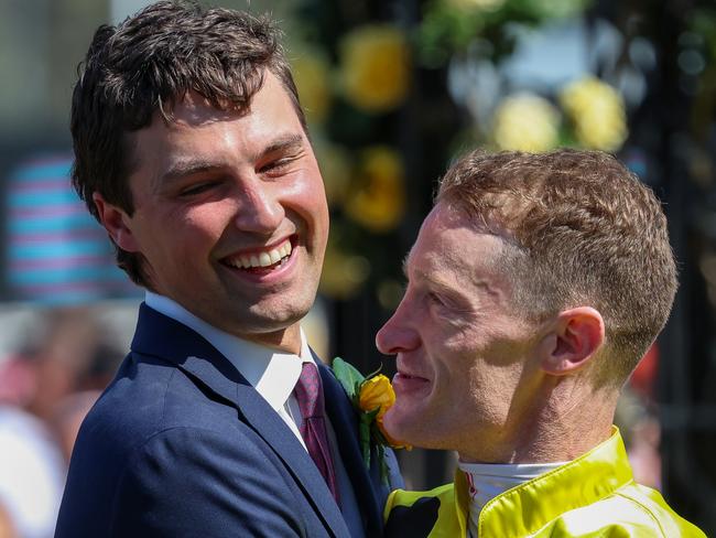 MELBOURNE, AUSTRALIA - NOVEMBER 07: Trainer Sam Freedman and Jockey Mark Zahra celebrate after their horse Without A Fight won the Lexus Melbourne Cup during Melbourne Cup Day at Flemington Racecourse on November 07, 2023 in Melbourne, Australia.. (Photo by Asanka Ratnayake/Getty Images)