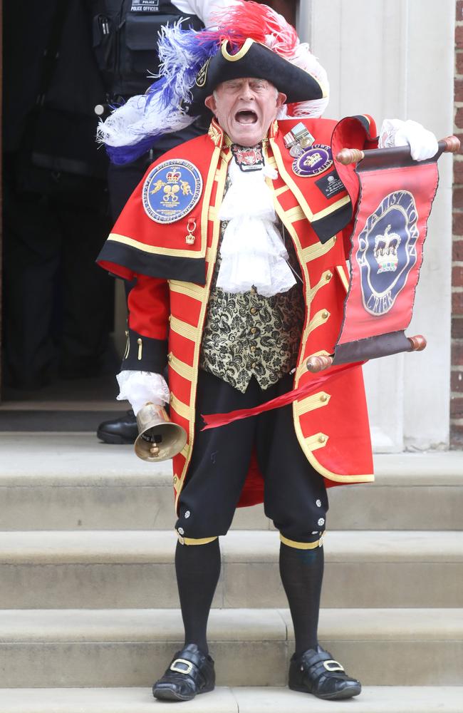 A town crier announces good news outside the Lindo Wing at St Mary’s Hospital in London. Picture: Chris Jackson/Getty Images