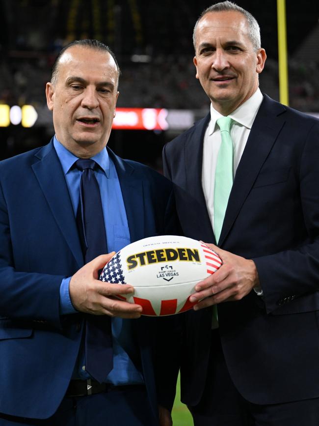 ARLC chairman Peter V'landys and NRL CEO Andrew Abdo at Allegiant Stadium.