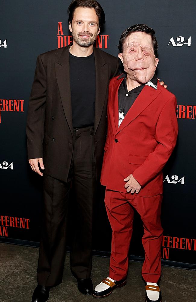 Sebastian Stan and Adam Pearson at the A Different Man screening in New York on Tuesday. Picture: Dominik Bindl/Getty Images