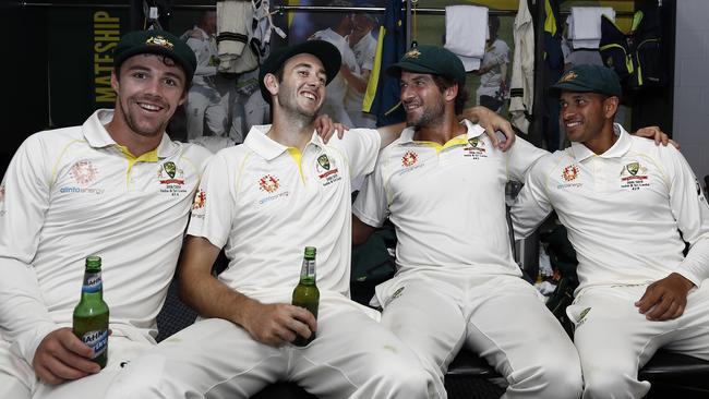 (From left) Travis Head, Kurtis Patterson, Joe Burns and Usman Khawaja celebrate the win over Sri Lanka.