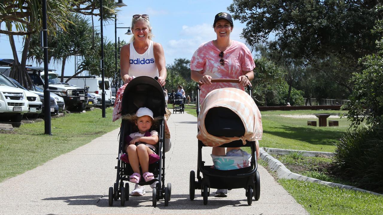 Mums on the run,Lisa Bell and daughter Lola 3 with Courtney Bell. . Picture Glenn Hampson