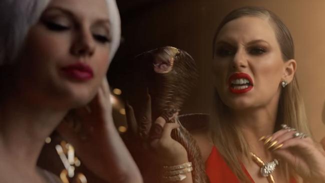 Taylor Swift as a swan and Taylor Swift holding a snake in her video for Look What You Made Me Do. (Pic: Taylor Swift/Vevo)