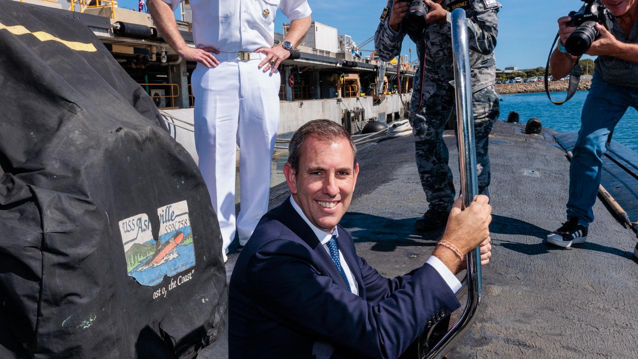 Treasurer Jim Chalmers aboard a submarine in Perth on Tuesday, where he announced an $8bn investment in the HMAS Stirling base. Picture: NCA NewsWire