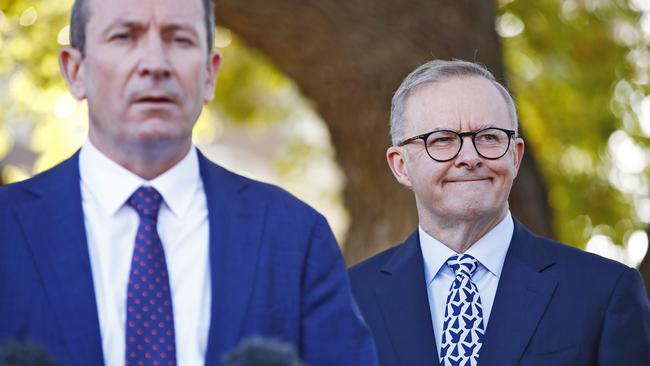 Federal Labor leader Anthony Albanese pictured in Perth today visiting Bentley Health Services talking with nurses and WA Premier Mark McGowan. Picture: Sam Ruttyn