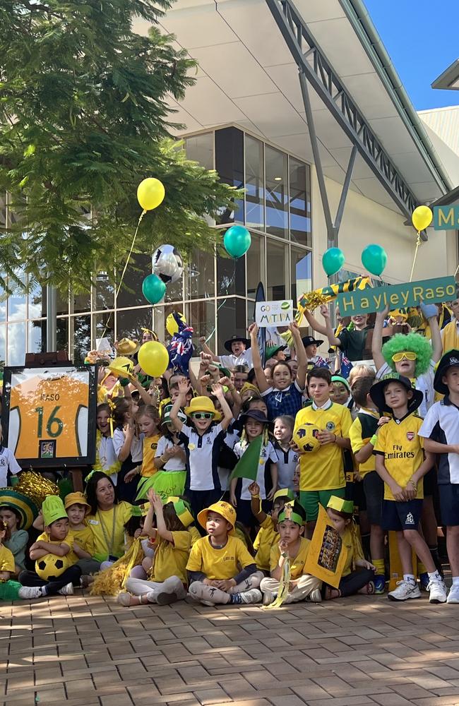 Emmanuel College students on the Gold Coast get excited and cheer on alumni Hayley Raso, now a key member of the Matildas. Pictures: Grace Hamilton.