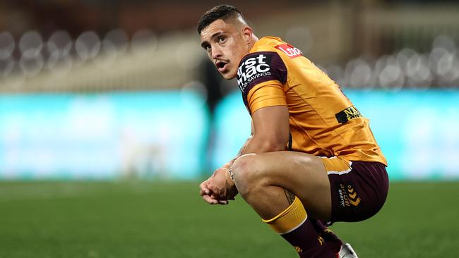 Kotoni Staggs looks on after another try from the Roosters. Picture: Getty Images