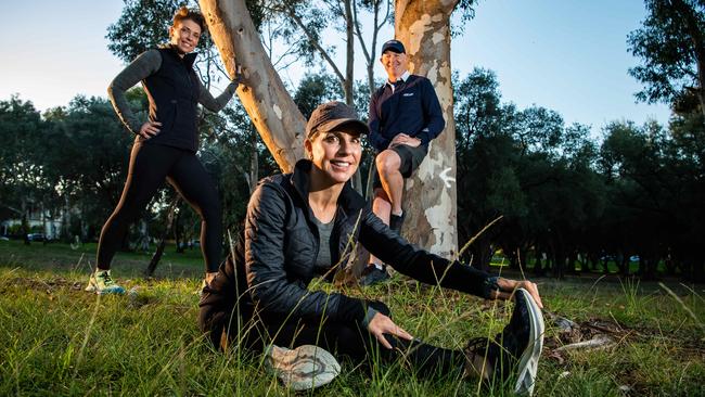 Louisa McClurg, front, will participate in this weekend’s JLF Trek with friend Anna Roussos, left, and Jodi Lee Foundation founder Nick Lee. Picture: Tom Huntley