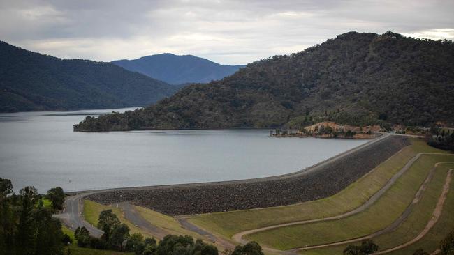 The Eildon Dam wall as the dam sits at 98 per cent capacity. Picture: Mark Stewart