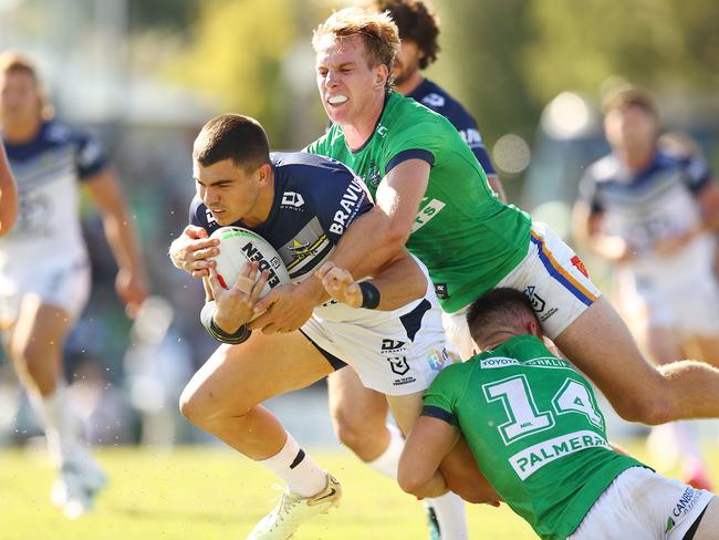 Jake Clifford of the Cowboys in action during the NRL Pre-season challenge match between Canberra Raiders and North Queensland Cowboys at Seiffert Oval on February 25, 2024 in Queanbeyan, Australia. (Photo by Mark Nolan/Getty Images)