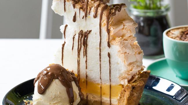 Bay Vista’s lemon meringue pie with chocolate sauce. Picture: Supplied