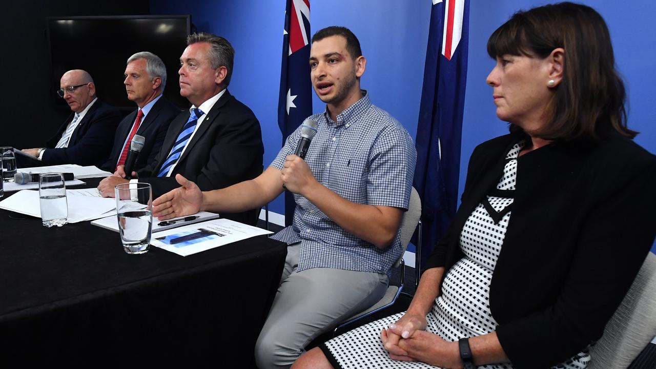 Shady Eskander speaks at a press conference in Sydney to release the interim report, with (from left to right) Professor John Carter, Professor Mark Hoffman, NSW Minister for Planning and Housing Anthony Roberts and NSW Planning and Environment Secretary Carolyn McNally. Picture: Joel Carrett/AAP