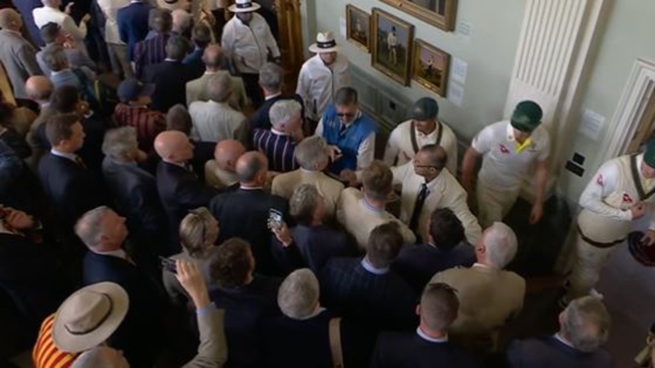 Usman Khawaja, David Warner and other members of the Australian team clashed with Lord's members as they left the field at lunch. Pictures: Channel 9