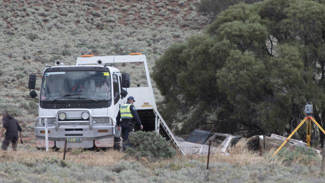 Scene of a fatal crash west of Port Augusta at the Eyre Highway at Lincoln Gap after a truck and SUV collided. Picture: Peter Taylor