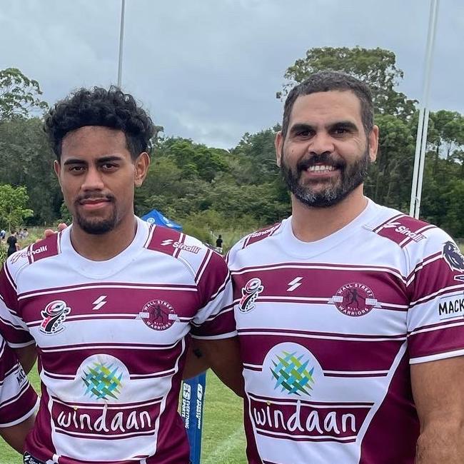 Wests Tigers debutant Jahream Bula (L) played rugby league sevens in the Koori Knockout with Greg Inglis (R) for the Wall Street Warriors in 2022. Credit: Supplied.