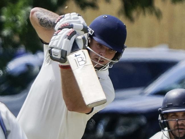 Dandenong District CA cricket: Buckley Ridges v Narre South. Narre South batsman Kyle Hardy and Ridges keeper Troy Aust. Picture: Valeriu Campan