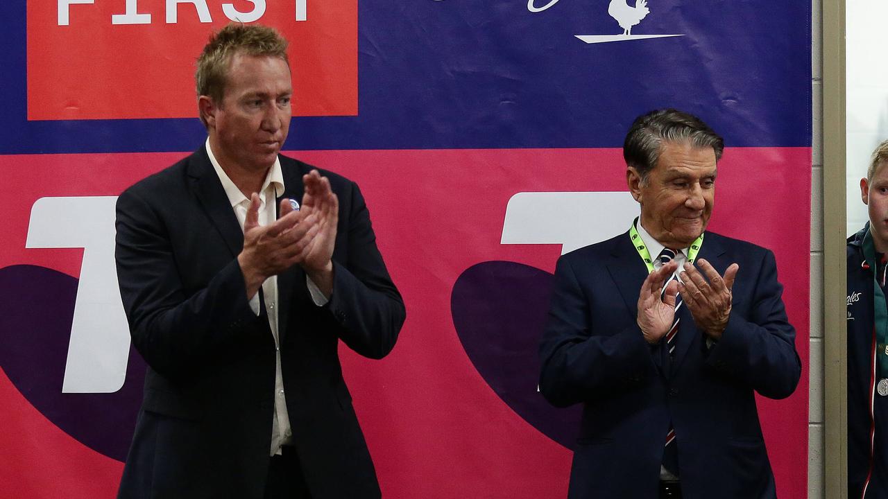 Roosters coach Trent Robinson will go head-to-head with chairman Nick Politis at the 2022 World Cup. Picture: Brett Costello