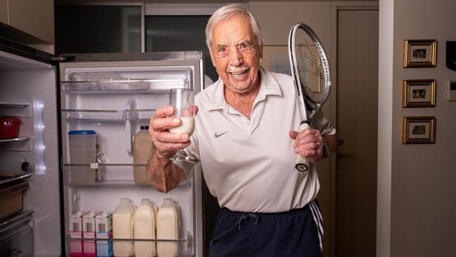 101-year-old dairy enthusiast and competitive tennis player Henry Young swears milk is the holy grail to a healthy, long life. Picture: Tim Joy