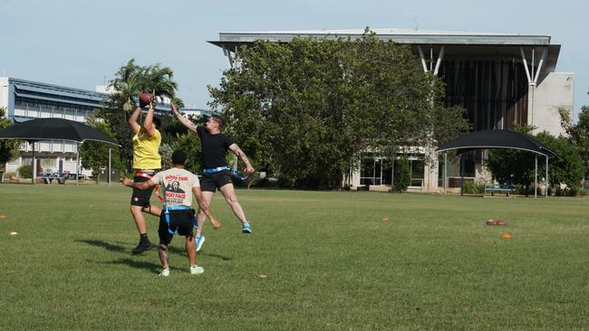 Darwin Middle School students playing Flag Football against United States Marines at DMS, 19 May 2025. Picture: Jason McIntosh