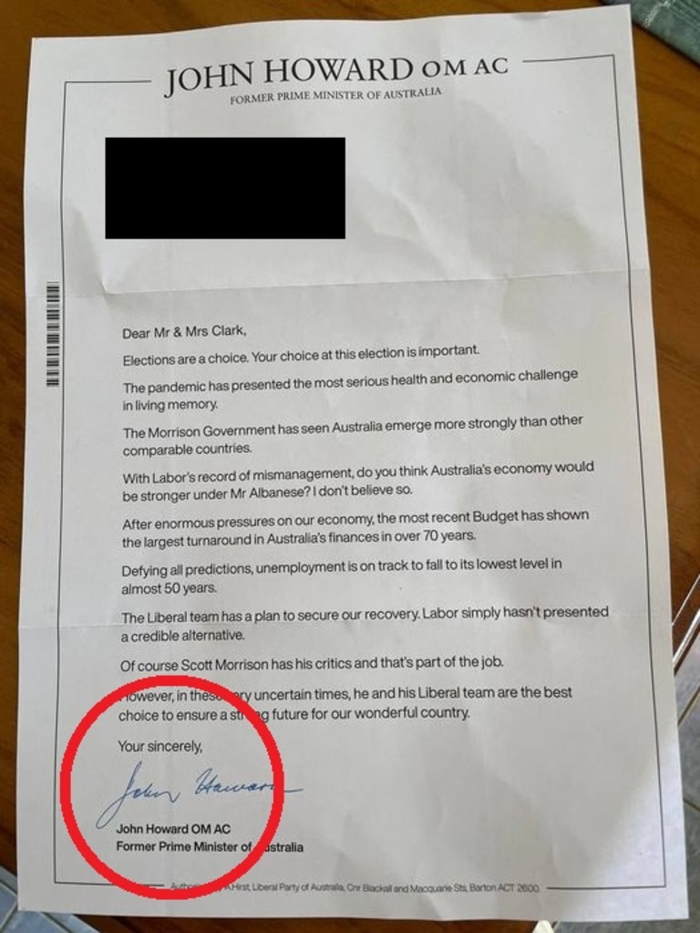 A typo in John Howard's letterbox drop urging voters to keep the Liberal Party in power.