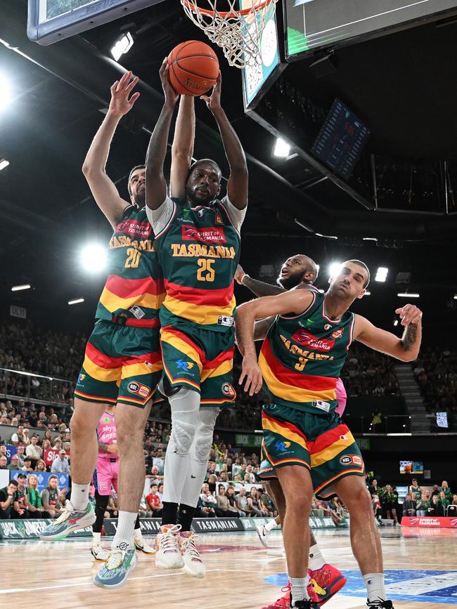 Milton Doyle of the Jackjumpers gets the rebound during game two of the NBL Semi Final series between Tasmania Jackjumpers and New Zealand Breakers at MyState Bank Arena, on February 16, 2023, in Hobart, Australia. (Photo by Steve Bell/Getty Images)