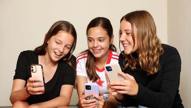 Teens Frankie Gibson, Maeya Cassim and Hazel Easter agree that their social media usage should be limited. Picture: Tim Hunter.
