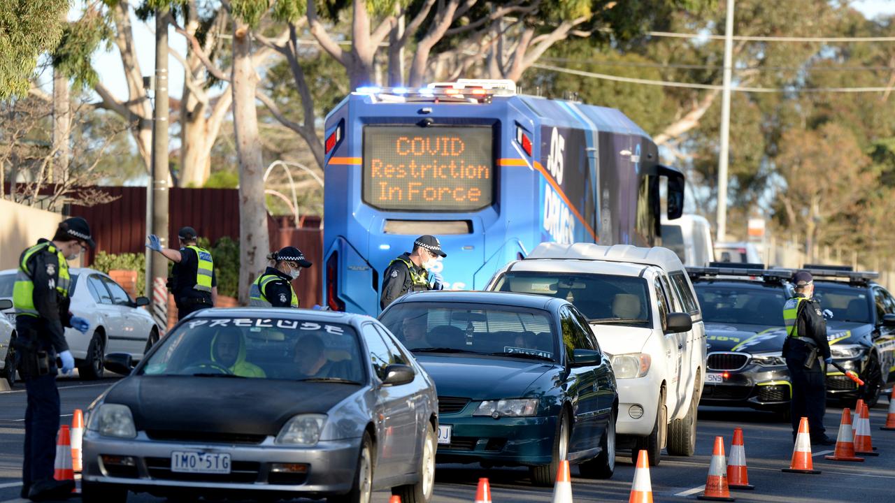 Police perform random checks on drivers and passengers at Camp Rd after Broadmeadows went into lockdown on Thursday. Picture: NCA NewsWire/Andrew Henshaw