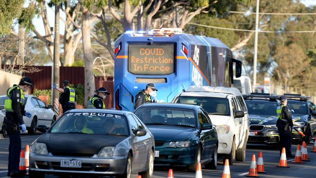 Police perform random checks on drivers and passengers at Camp Rd after Broadmeadows went into lockdown on Thursday. Picture: NCA NewsWire/Andrew Henshaw