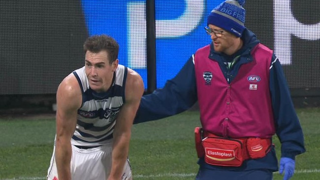 Should Jeremy Cameron have been forced to come from the ground for a HIA? Picture: Fox Footy