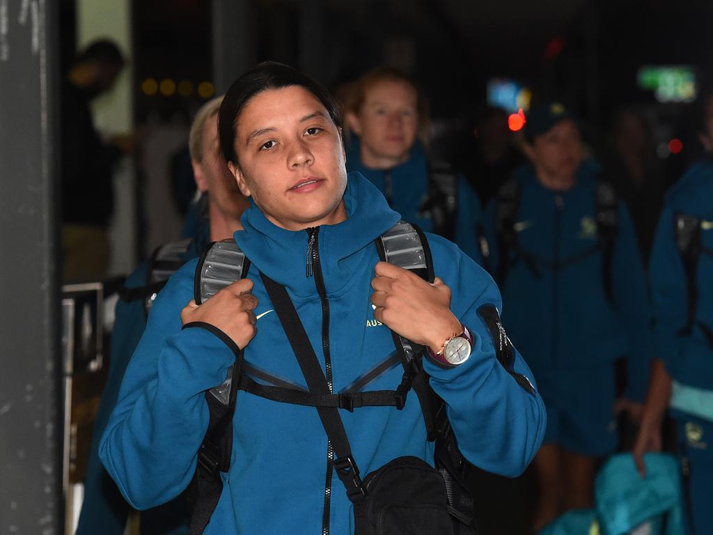 Sam Kerr arrives in Melbourne ahead of the Matildas’ World Cup clash with Canada. Picture: Josie Hayden