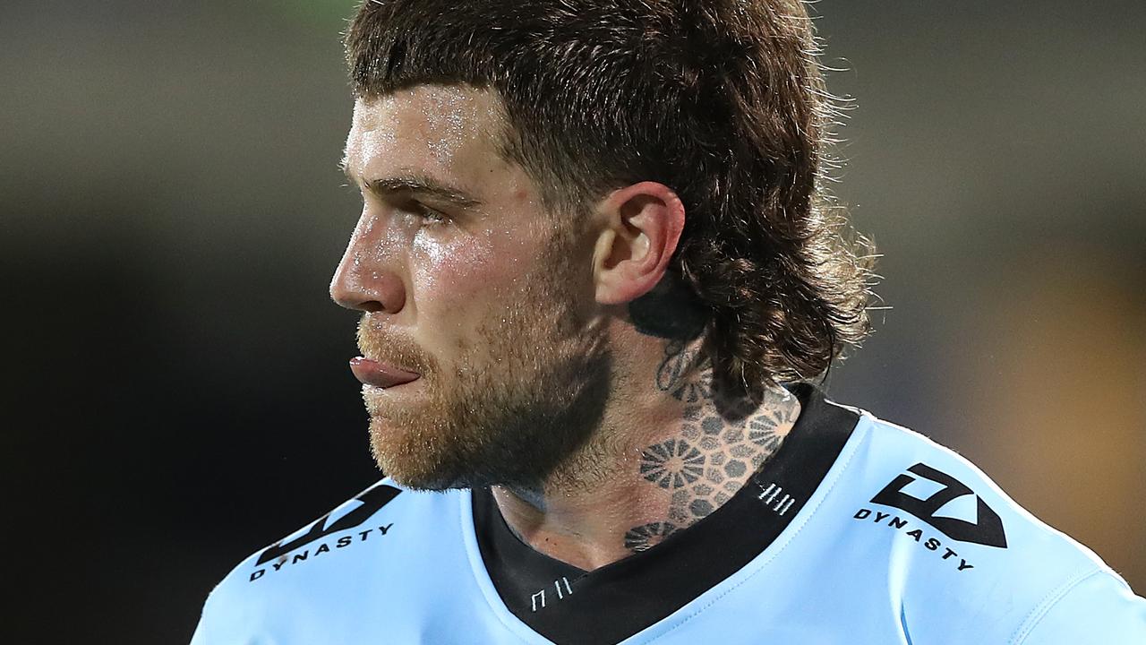 Josh Dugan of the Sharks looks on during the round 18 NRL match between the Cronulla Sharks and the New Zealand Warriors at Netstrata Jubilee Stadium on September 13, 2020 in Sydney, Australia. (Photo by Mark Kolbe/Getty Images)