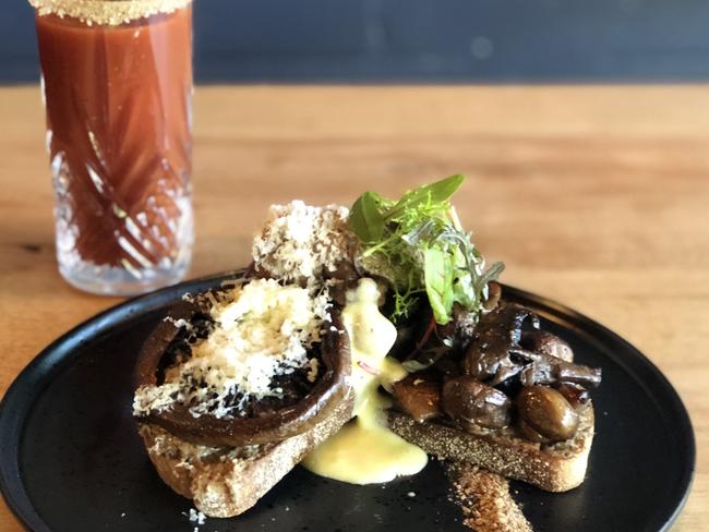 Cross and Feather is bringing back the boozy brunch. Pictured is a mushroom bruschetta dish and a Bloody Oath bloody mary.