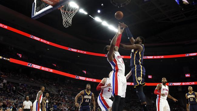 Pacers center Roy Hibbert shoots over Pistons’ Andre Drummond. Picture: AP