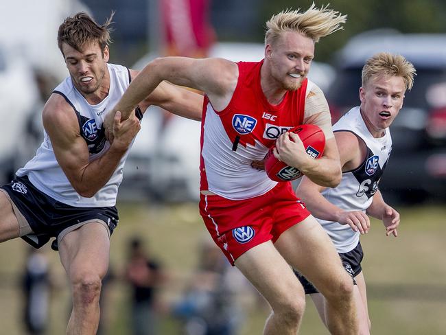 Grand final of the NEAFL between the Southport Sharks and the Sydney Swans at Frankhauser Reserve, Southport,  on Sunday.  Sydney Swans player James Rose and Southport's Seb Tape.  Picture: Jerad Williams