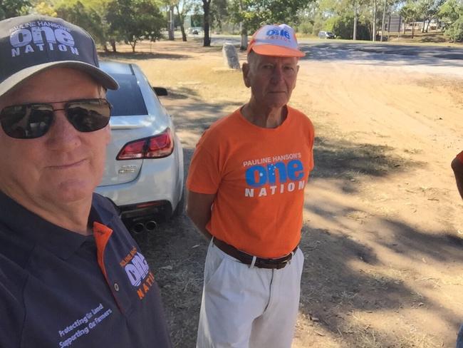 One Nation candidate for Gladstone Kevin Jorgensen (sunglasses) and his volunteer that was allegedly assaulted at the Boyne Island Community Centre pre-polling booth.