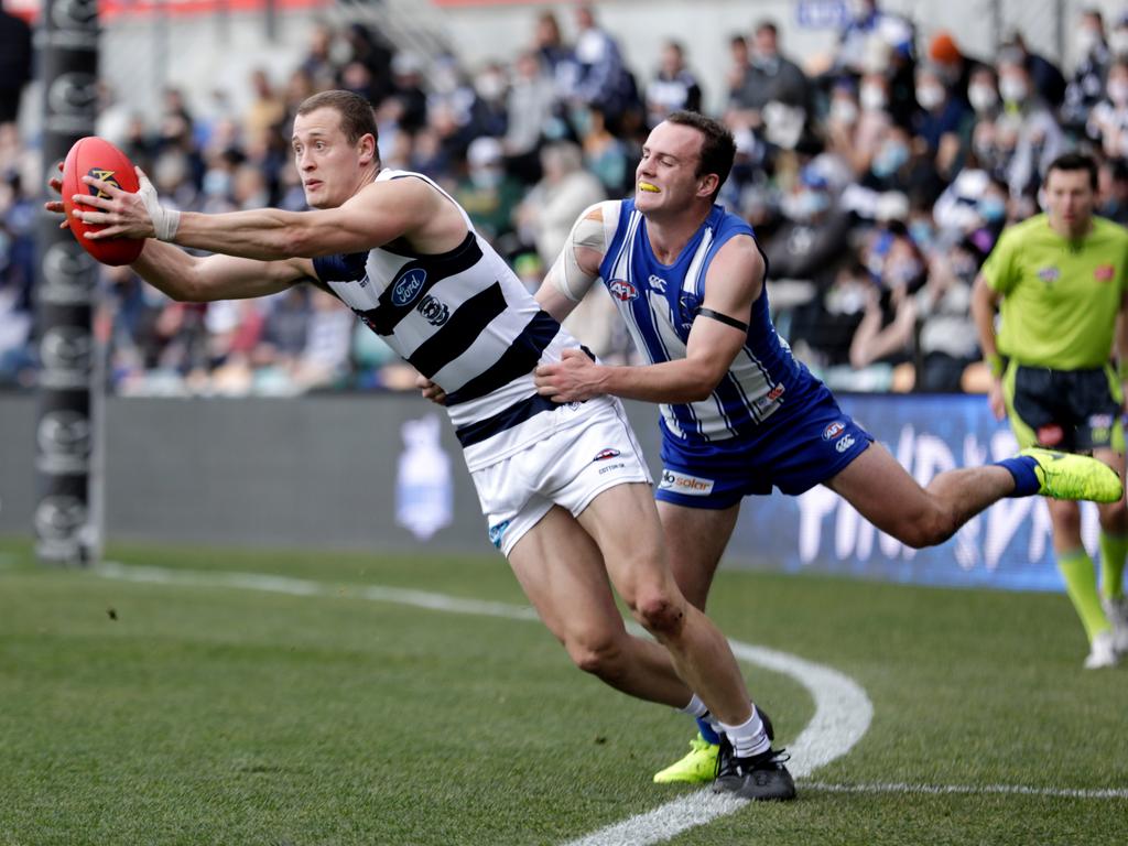 Nathan Kreuger in action for Geelong in 2021. Picture: Grant Viney/AFL Photos via Getty Images