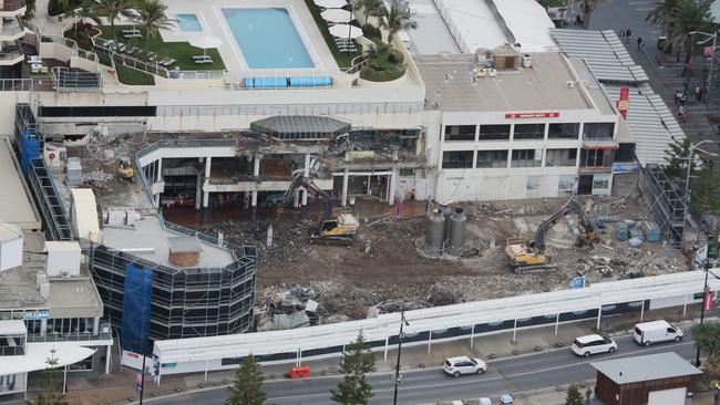 The beachfront area of The Paradise Centre on Cavill Ave is being demolished ahead of a $30 million revamp. Picture: Josie Tod